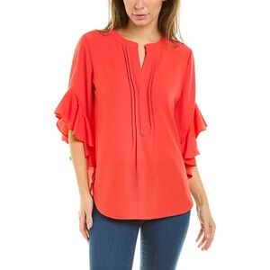 VINCE CAMUTO Ruffle Sleeve Henley Blouse | Size Medium | Red